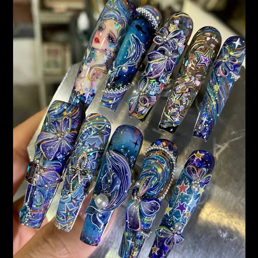Galaxy Mermaid Starry Night Custom Nails press on nails