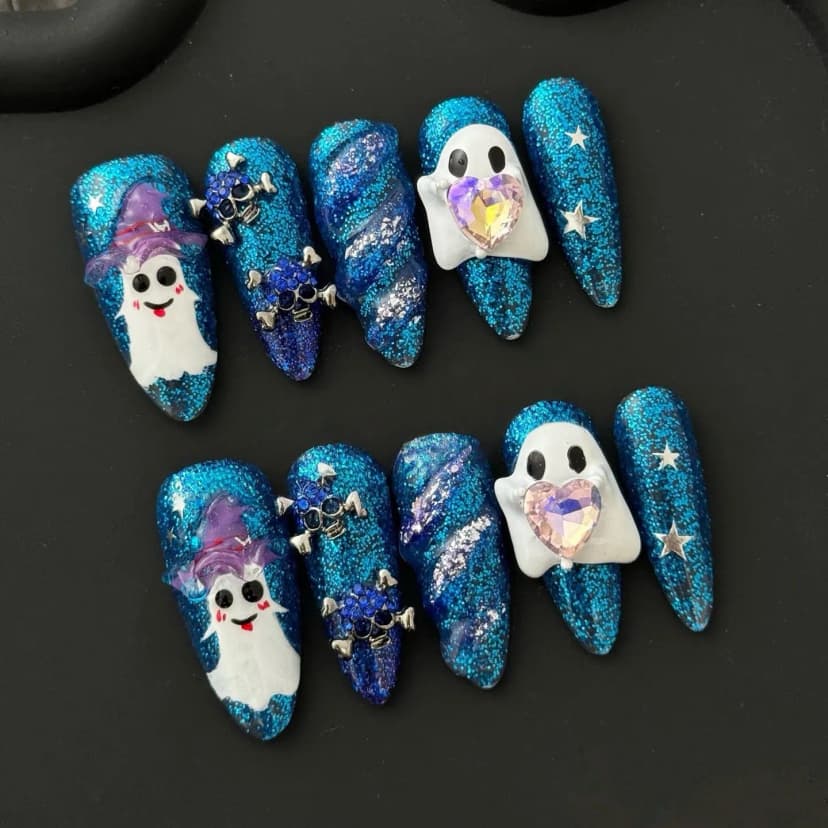 Sparkly Halloween Ghost Long Stiletto Nails press on nails