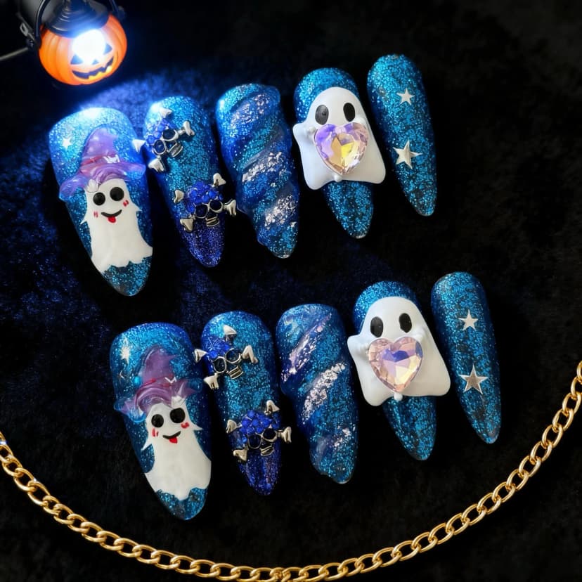 Sparkly Halloween Ghost Long Stiletto Nails press on nails